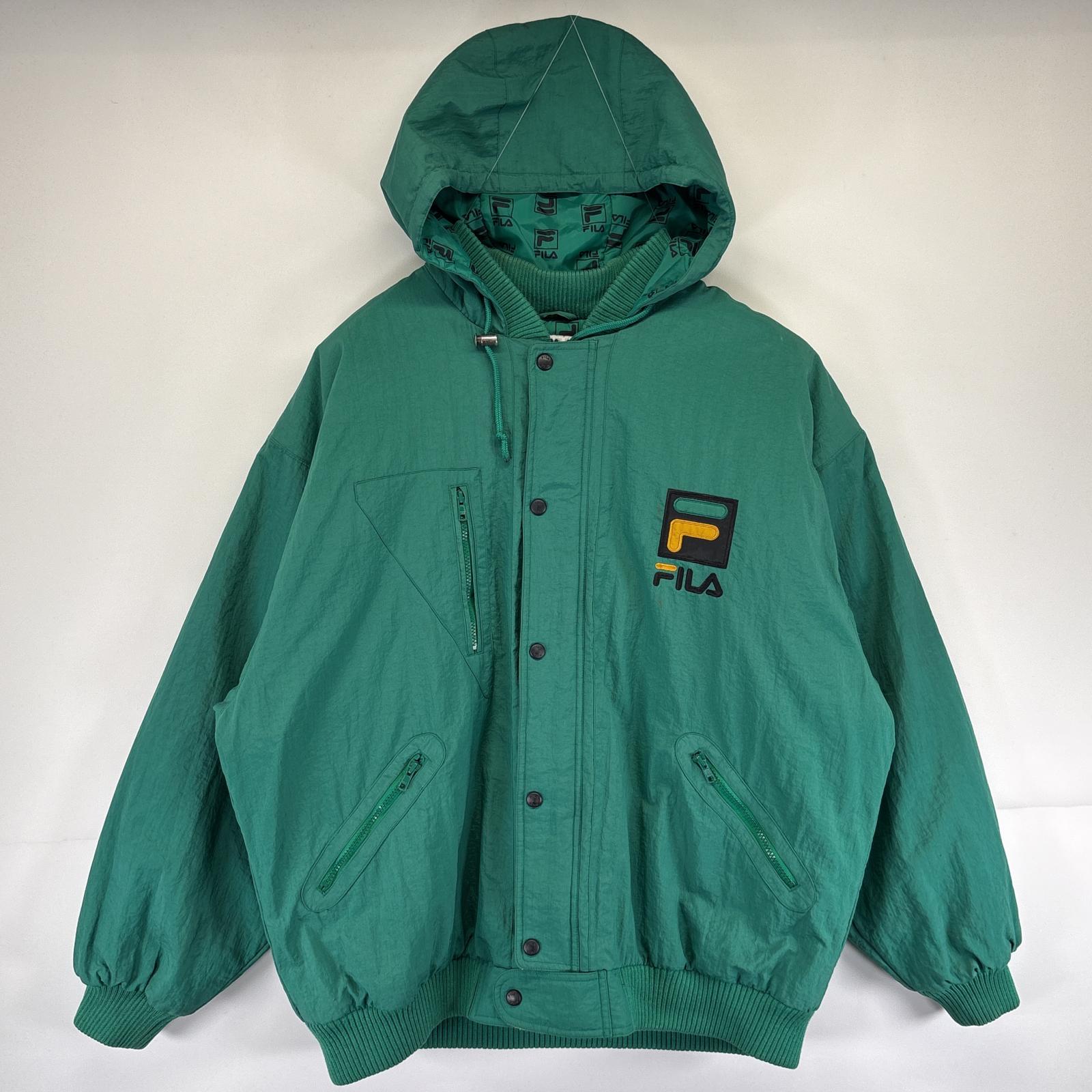 古着 90s/90年代 ナイロンジャケット 中綿 パーカー バックロゴ刺繍 フルジップ 大きいサイズ XXL グリーン メンズ