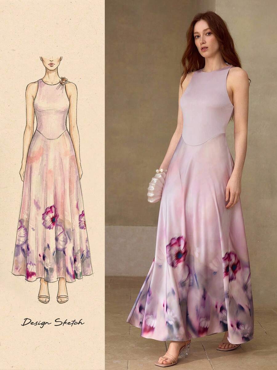 レディース ノースリーブ フローラル プリント メタル ショルダー パッチワーク フレアヘム ドレス 秋冬