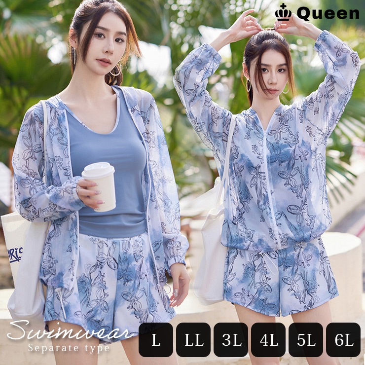 大きいサイズ レディース フィットネス水着 セパレート ラッシュガード タンクトップ パンツ ３点セット L LL 3L 4L 5L 6L ブルー