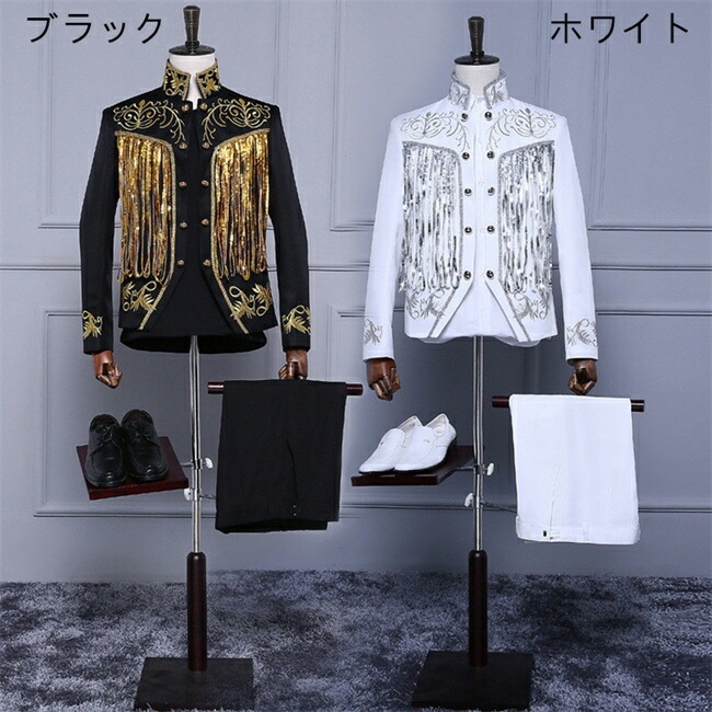 ブラック /ホワイトストライプ　メンズ　スーツ　スーツセット　上下セット セットアップ　2点セット　花柄　タキシード　メンズ タキシード パンツ　演出服 華麗な王族服 王子様 ヨーロッパ風 復古風 コ
