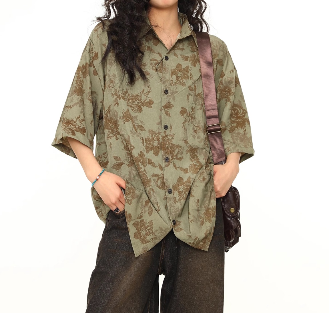 トップス シャツ ブラウス レディース 半袖 ワイド かわいい 大人可愛い きれいめ シンプル カジュアル おしゃれ かっこいい こなれ感 ラフ マニッシュ クール モード系 ヴィンテージ 花柄