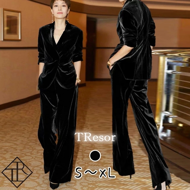 【即納】セットアップ レディース カジュアル 上下セット ツーピース 長袖 スーツ フォーマル ワイドパンツ ベルベット 開襟 キレイめ ナチュラル お洒落 可愛い SNS映え 新作 おすすめ 大人可