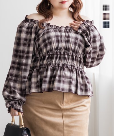 大きいサイズ レディース LL 3L 4L XL XXL XXXL CLETTEオリジナル2WAYチェック柄フリルブラウス