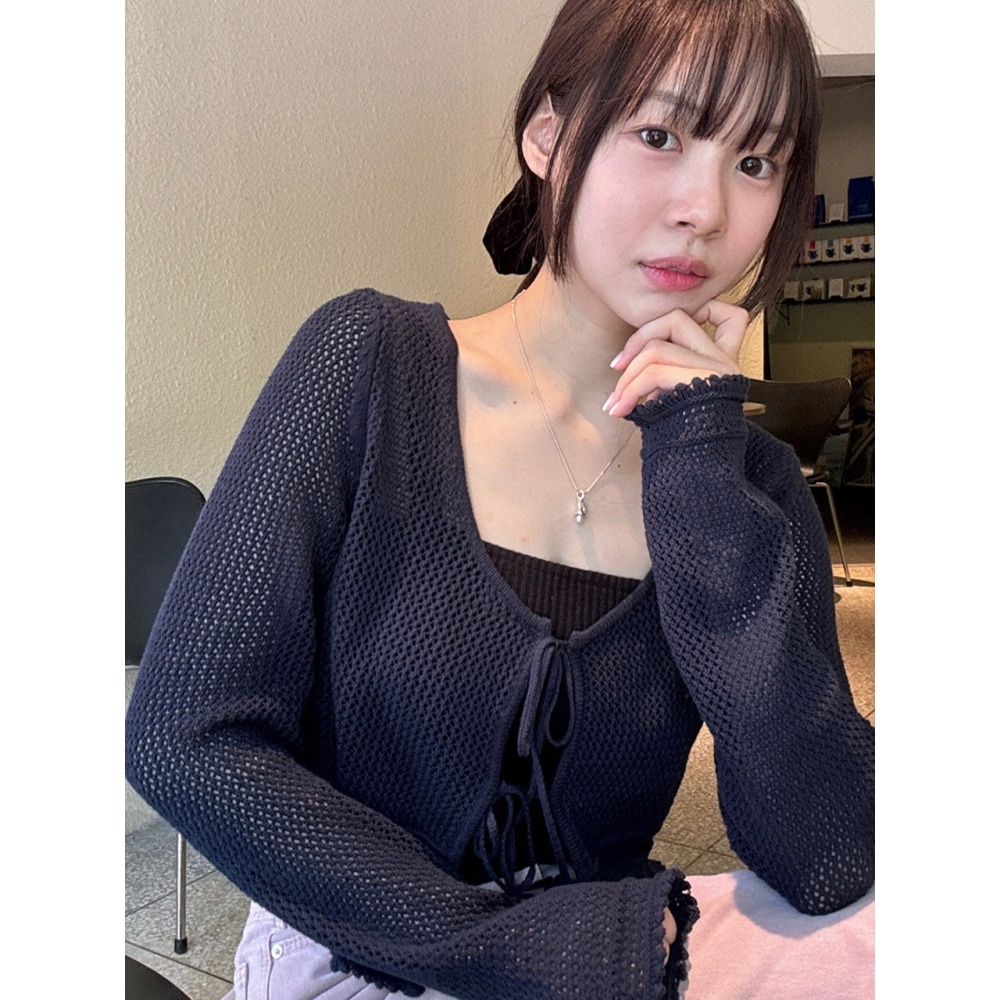 エーティーコーナーメッシュポンポムニットカーディガンネイビー (AESW4B403N2)