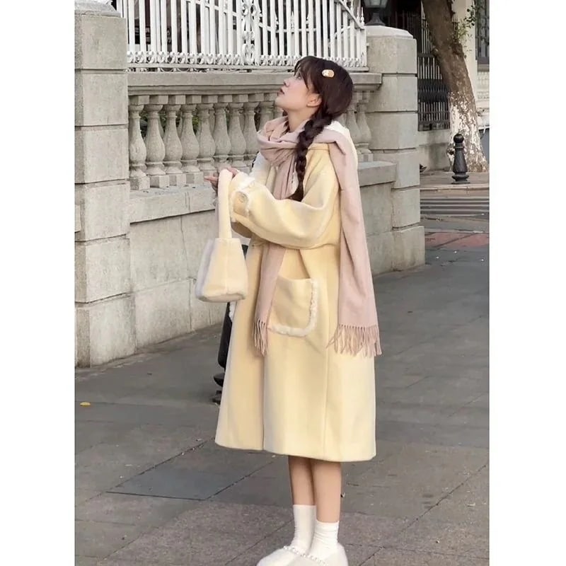 アウター 韓国ファッション ダウンコート防寒 レディース 厚 スタイルウールコートミドル丈カレッジスタイルウールコート コート ホーンボタン付き