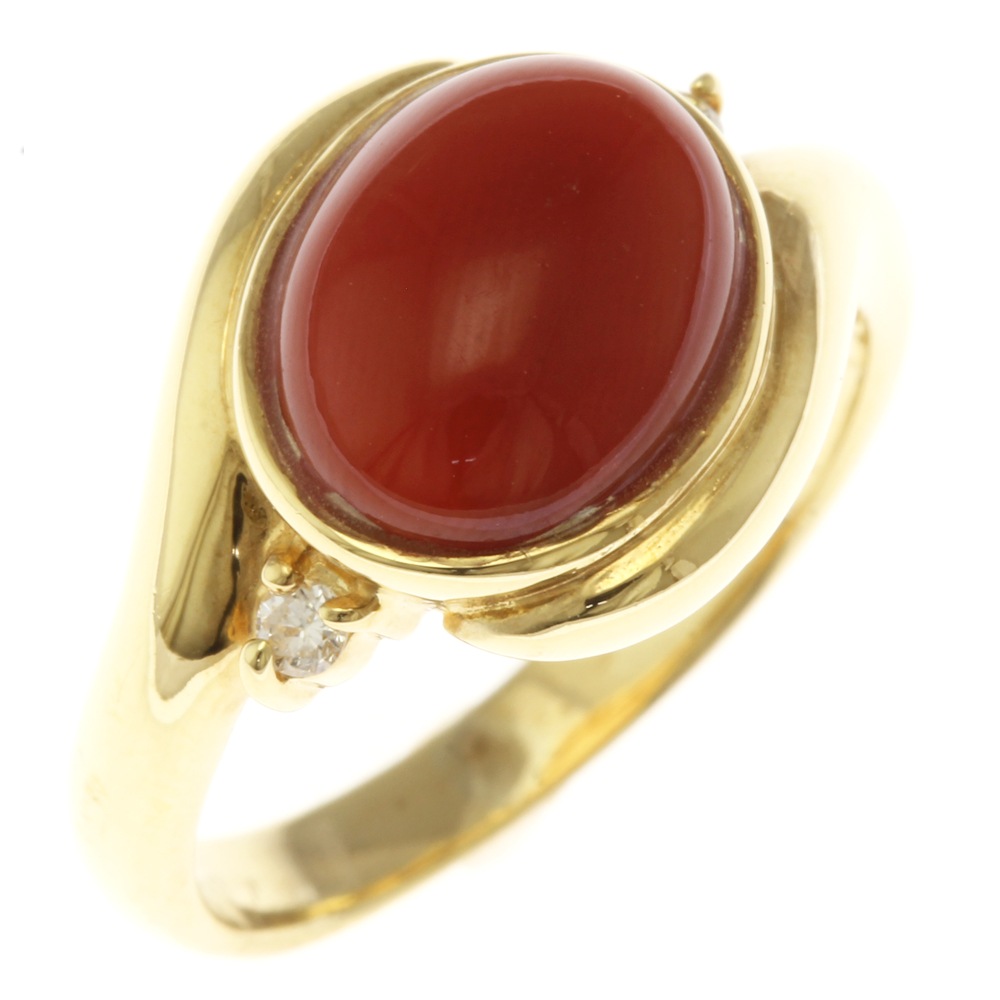 リング 指輪 9号 18金 K18イエローゴールド サンゴ 中古 美品