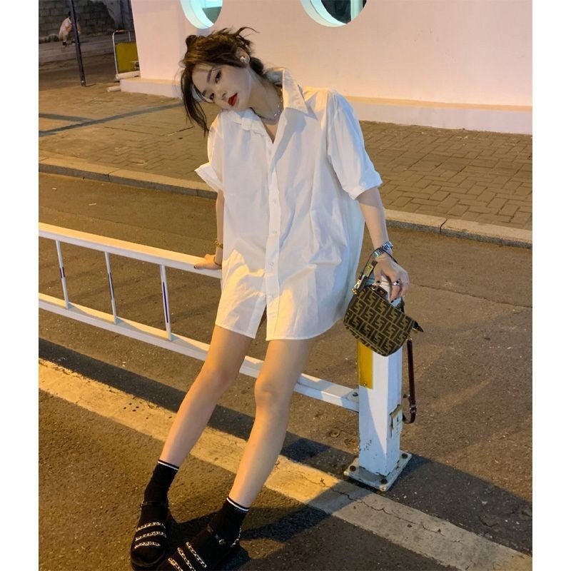 フレンチ 半袖 白 シャツ レディース アウター ゆったり 塩系 中長 シャツ おしゃれ レディース トップス97