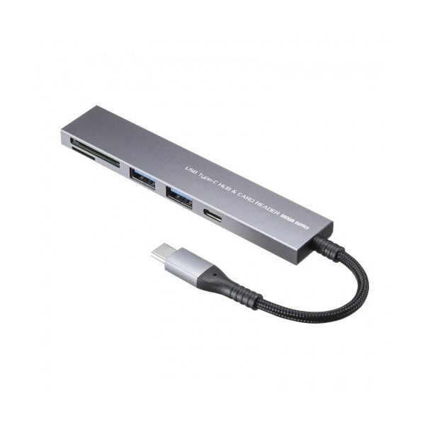 （まとめ） サンワサプライ USB 5Gbps 3ポート スリム ハブ（カードリーダー付き/Type-C接続） USB-3TCHC21MS 1個 [x2セット]