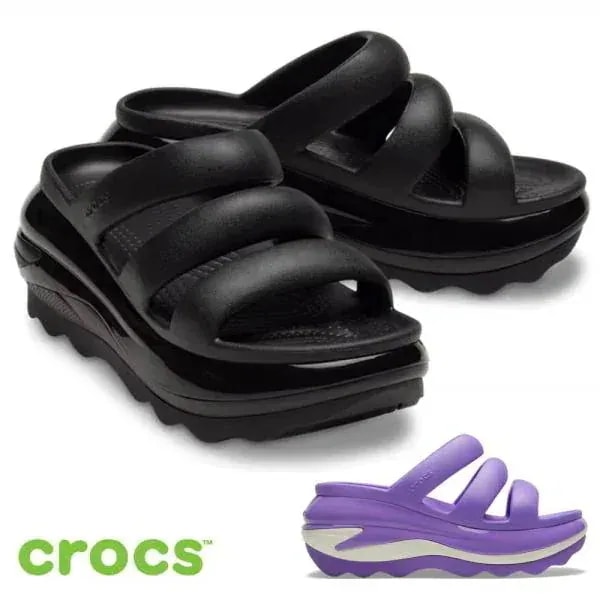 クロックス サンダル 厚底 レディース crocs ブラック 黒 ギャラクシー パープル メガ クラッシュ トリプル ストラップ 209842 履きやすい ふわふわストラップ