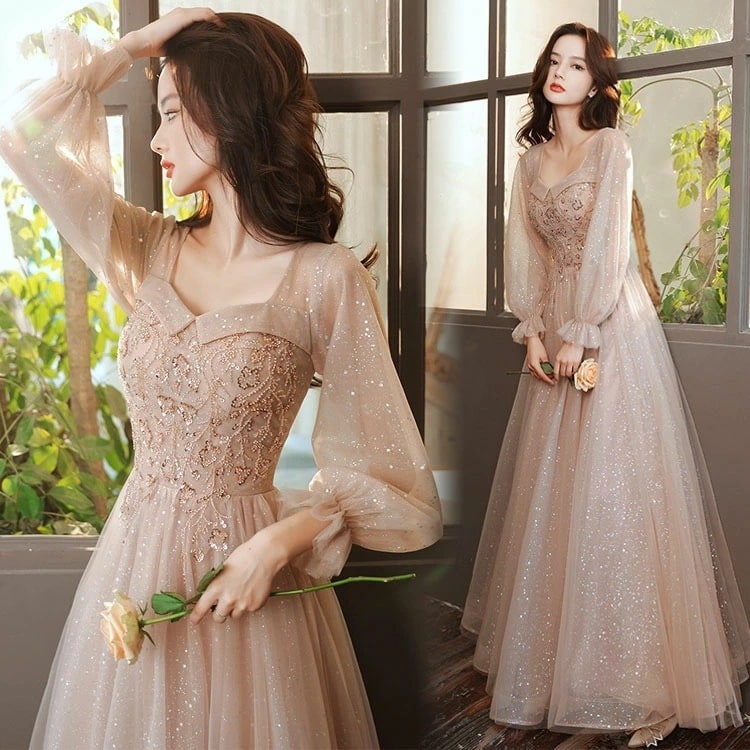 イブニングドレス ロングドレス ピンク パフスリーブ 発表会ドレス スパンコール ビーズ 花柄 オシャレ キレイめ パーティードレス 長袖 Vネック ロング Aライン 結婚式ドレス 二次会ドレス XS 5,062円