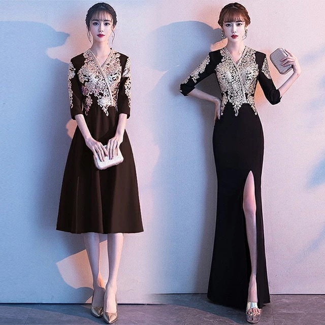 マーメイドドレス ロング スリット セクシー イブニングドレス 黒 Vネック 7分袖 セクシー ロングドレス Aライン 発表会ドレス ブラック パーティードレス ミモレ丈 お呼ばれドレス 刺繍 30代