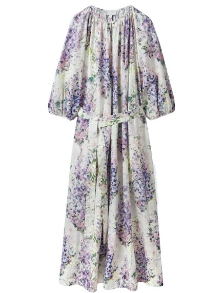 レディース ワンピース ミモレ 7分袖 ボリューム袖 ランタンスリーブ ラウンドネック ワイド タック リボン ポケット ウエストリボン コットン かわいい 大人可愛い きれいめ 上品 おしゃれ