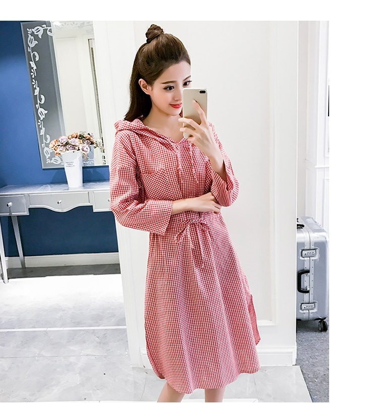 1080．チェック柄シャツワンピース（レッド）