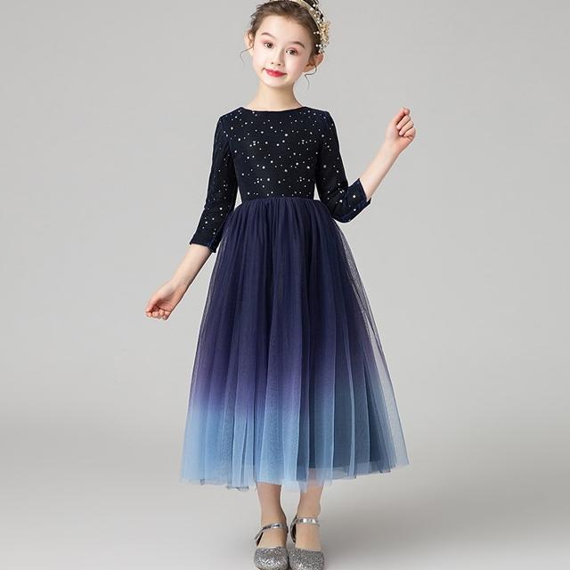 子供 ドレス ロング ミモレ丈 大人っぽい グラデーション ネイビー 長袖 おしゃれ キッズドレス ピアノ 発表会 女の子 ドレス 結婚式 フォーマル ロングドレス 子供服 ワンピース 可愛い ビジュ