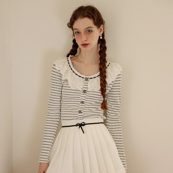 【Cest_フリルレース長袖ニットトップ】