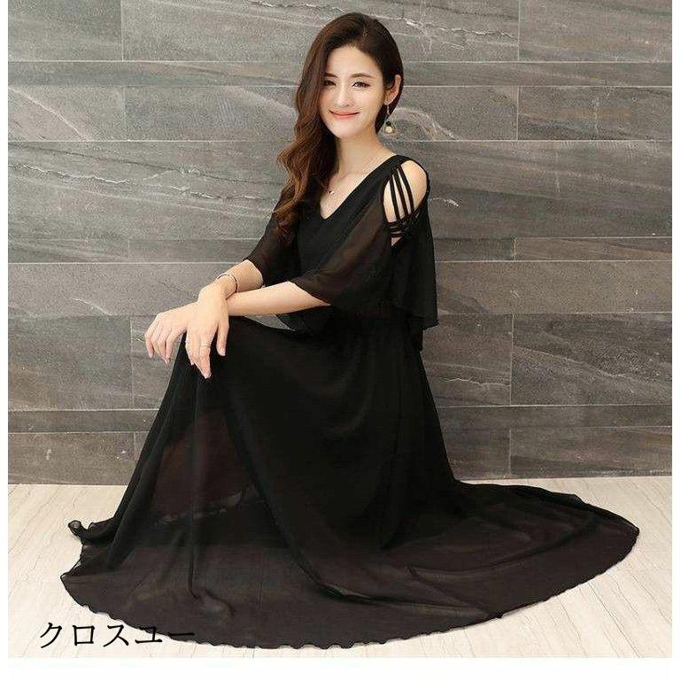 ワンピース レディース 40代 シフォンワンピース 春夏 マキシワンピース 半袖 Vネック 肩あき ロングスカート オシャレ 体型カバー 大人 可愛い 30代 50代