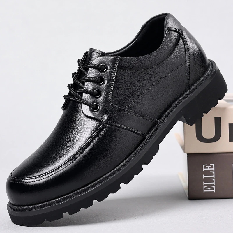 メンズ本革レースアップシューズビジネスフォーマルビッグヘッド厚底ラウンドヘッド第一層牛革カジュアルレザーシューズ
