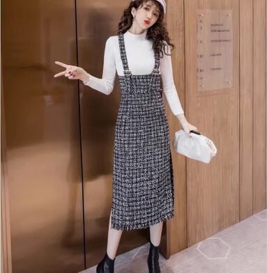 ニット ワンピ 2点セット セットアップ セーター ツイードワンピース サスペンダーワンピース ロング丈 長袖 スリット かわいい 大人可愛い きれいめ カジュアル 大人 上品 おしゃれ お洒落