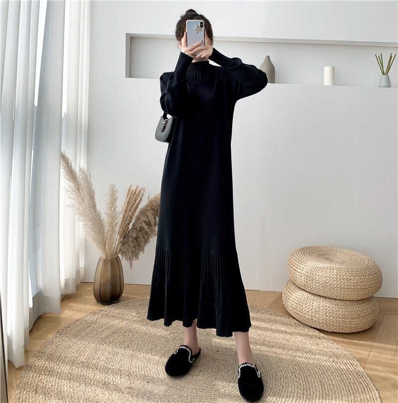 ワンピース ロングワンピース ニットワンピース 長袖 ハイネック マトンスリーブ 裾フレア 可愛い かわいい 大人可愛い きれいめ シンプル 上品 おしゃれ かっこいい カジュアル こなれ感 個性的