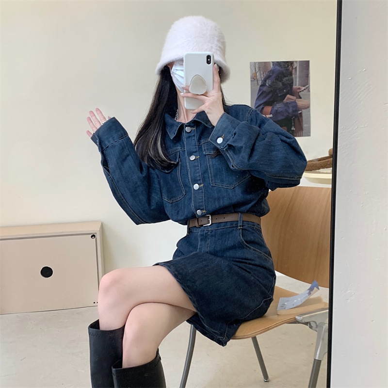 ワンピース ミニ ミニ丈 ショート ショート丈 袖あり 長袖 襟付き デニム ブルーデニム かわいい