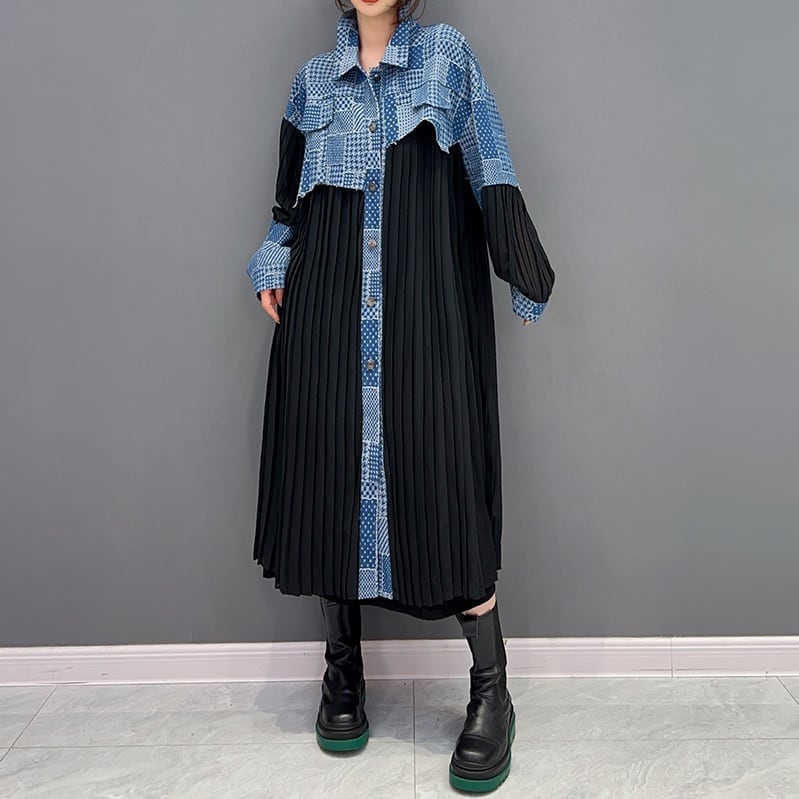 デニムステッチ アコーディオンプリーツ Aライン ミディシャツドレス 個性的なデザイン ステージ衣装 演出衣装 イベント こせい 個性 特徴あり 新作 TV 主演 ステージ衣装 舞台 おしゃれ