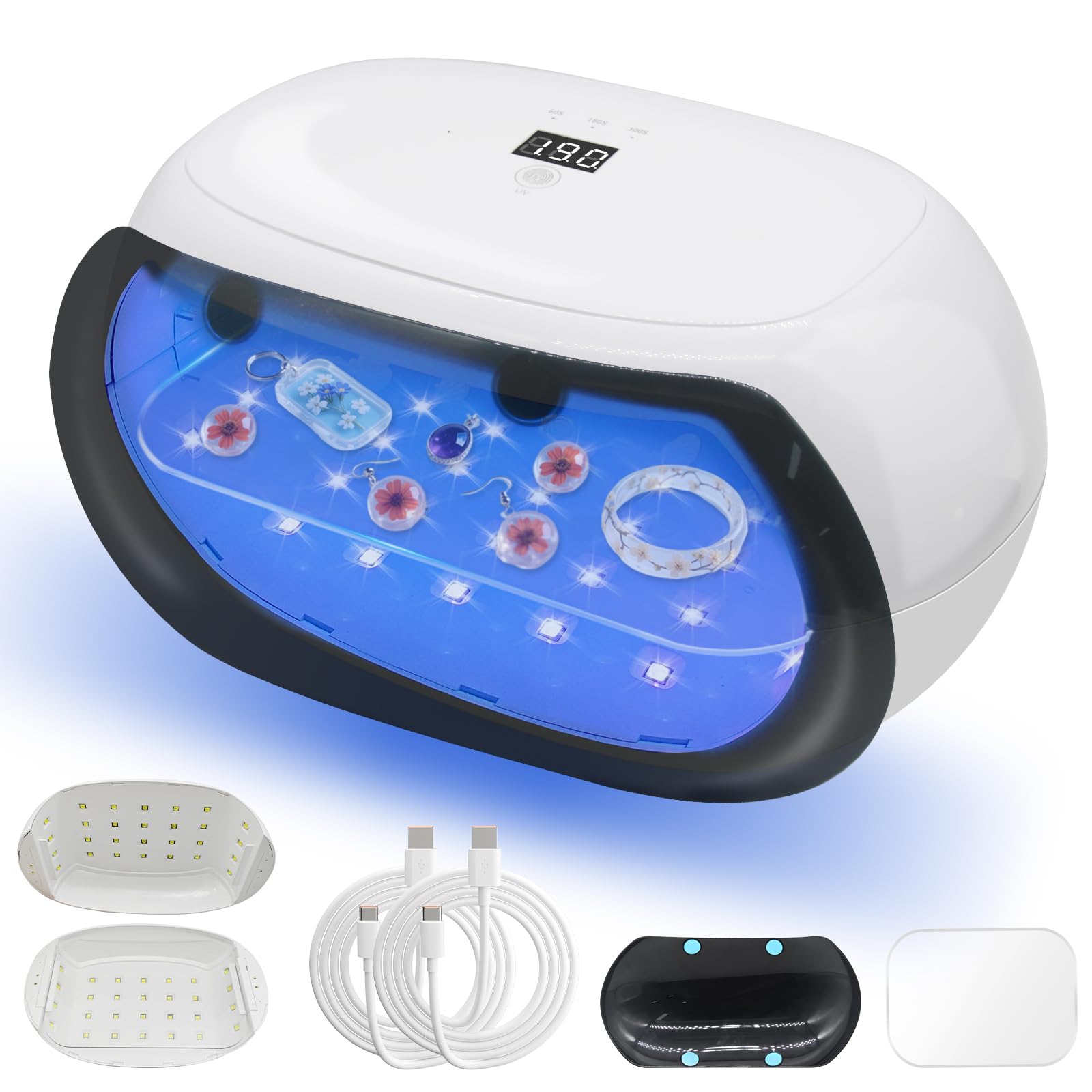 超強力 60W UV レジン ライト 2合1 両面UVランプ分割して使用可能56個の高輝度LEDランプ搭載360度全方向光源デジタル表示長時間タイマー設定（60秒180秒300秒）DIY