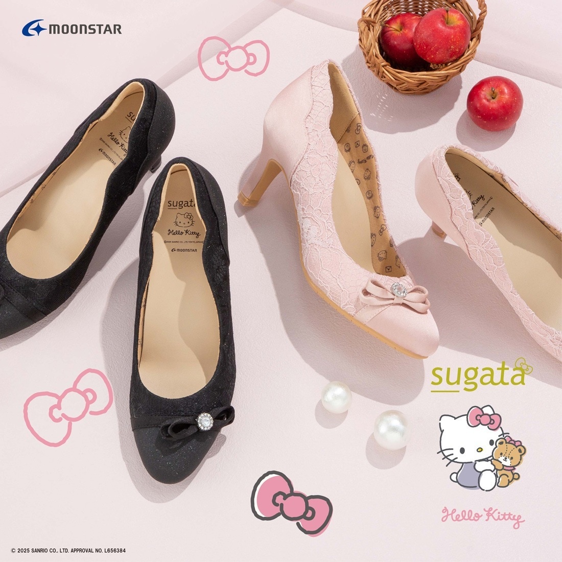 レディース パンプス スガタ sugata MS SGTS404 サンリオ コラボ ハローキティ キティちゃん 軽量 軽い リボン レース かわいい 脱げにくい 抗菌防臭