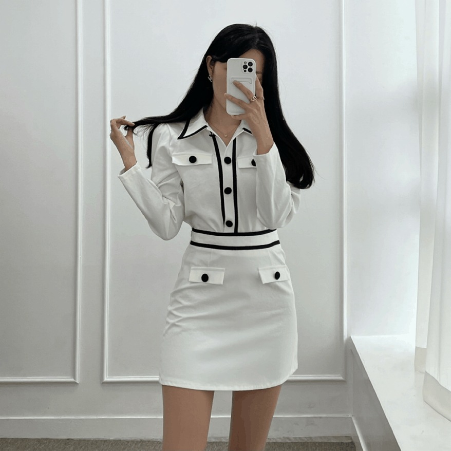 [韓国/デートルックとてもきれい] ジェニーツイード配色ツーピースセットアップミニワンピース ミニスカート 結婚式お呼ばれルック