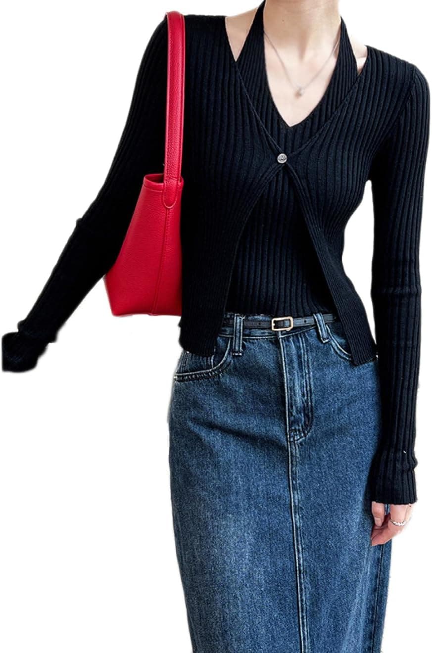 ホルターネック セーター レディース 長袖 リブ ニット タイト カーディガン風 プルオーバー リブニット Vネック インナー ストレッチ フェミニン 無地 かわいい セクシー ニットセーターカーディガン