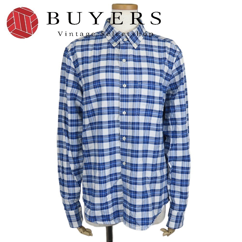 中古 長袖シャツ M コットン ホワイト ブルー オックスフォード チェック Mサイズ メンズ 男性