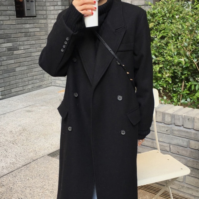 ウールコート スーツカラー ダブルブレスト ルーズ ロングコート アウター ジャケット 秋冬 韓国 a1578