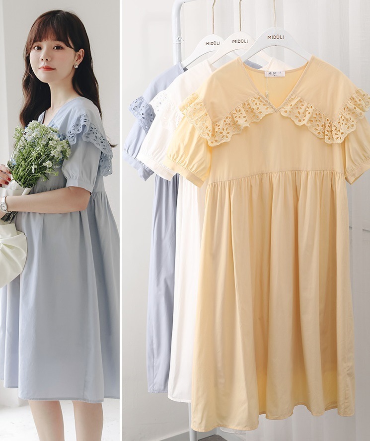 【日本未発売/送料無料】マタニティ ワンピース 大きめ襟 Vネック パンチングレース