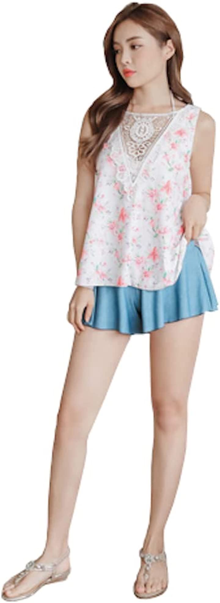 体型カバー カバーアップ 水着 4点セット タンキニ(白赤花ブルーグレー, M)