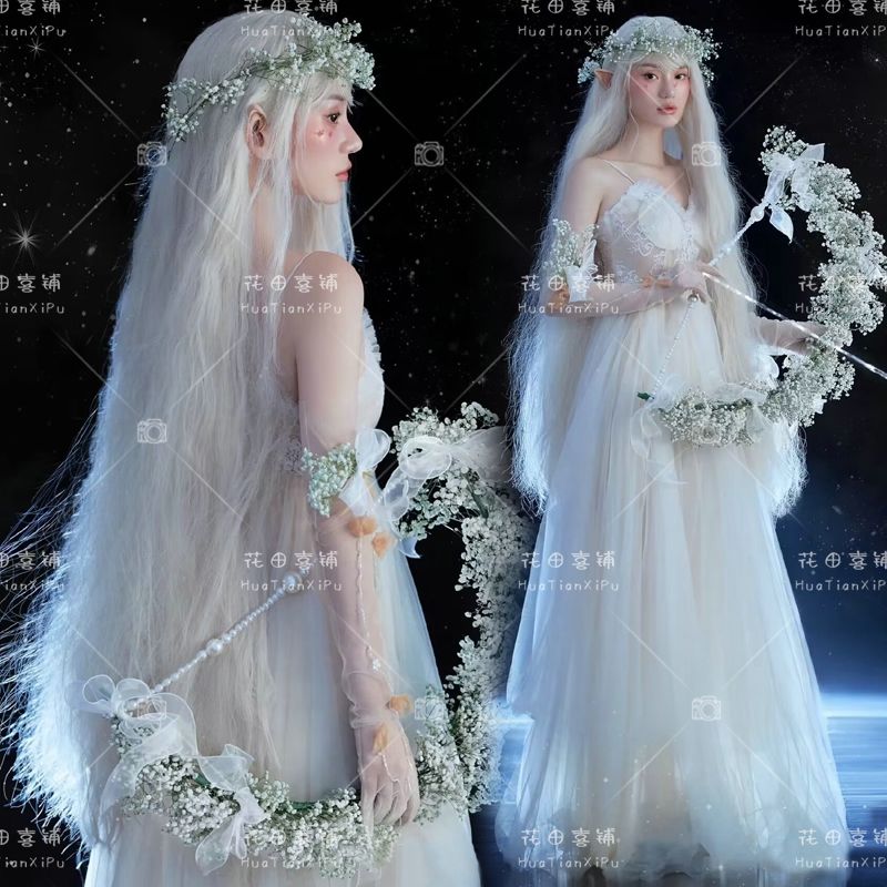 フォトスタジオ 2024 ファンタジーエルフフラワーフェアリー写真衣装フォレストスタイル屋外アートフォトライトウェディングドレス