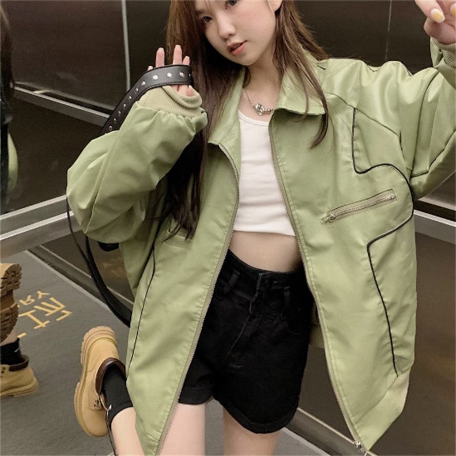 レザー風ジャケット 無地 カジュアル系 大人可愛い シンプルデザイン 秋 グリーン 2022 30代 40代 ディースファッション 可愛い お出かけ 女子会 デイリーユース お茶会