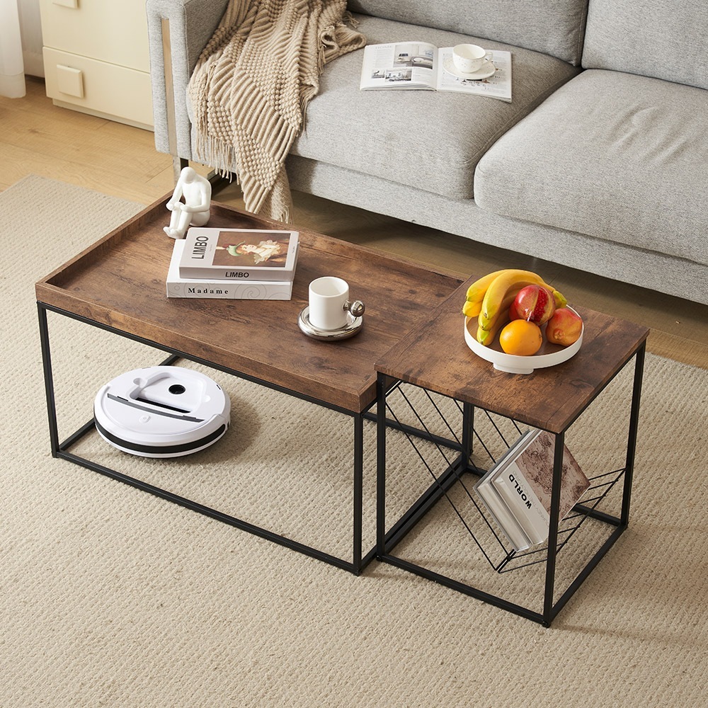 【国内出荷 - 3日配達】【新作登場】センターテーブル 2点セット ローテーブル 北欧風 収納付きリビングテーブル サイドテーブル 木目調 モダン コンパクト 組み立て簡単 耐久性抜群【ブラウン】