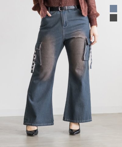 大きいサイズ レディース LL 3L 4L XL XXL XXXL デザインベルトデニムフレアパンツ