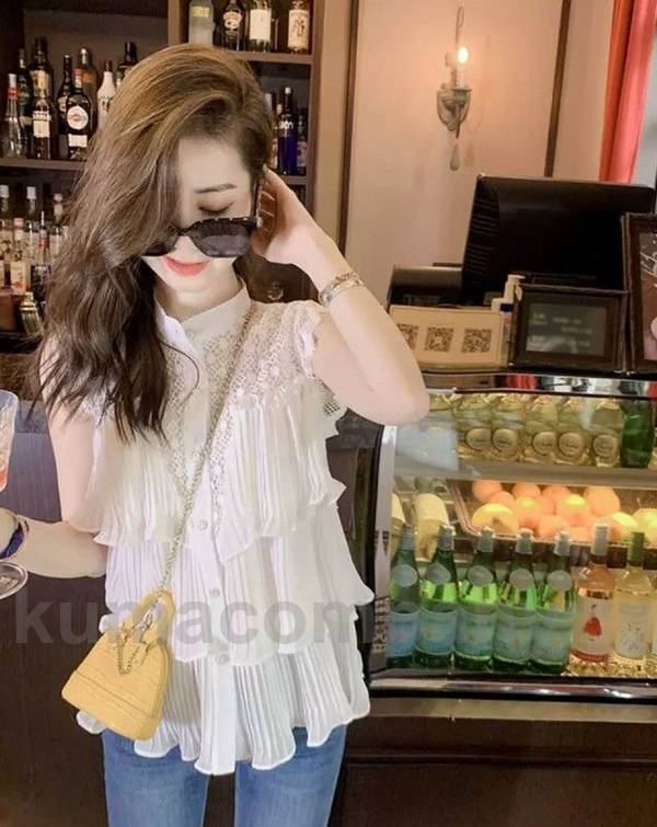 ティアード ノースリーブ ブラウス レディース トップス 春夏 袖なし シアー シースルー シンプル カジュアル フリル レース プリーツ カジュアル バンドカラー スタンドカラー 白 春 夏 おし