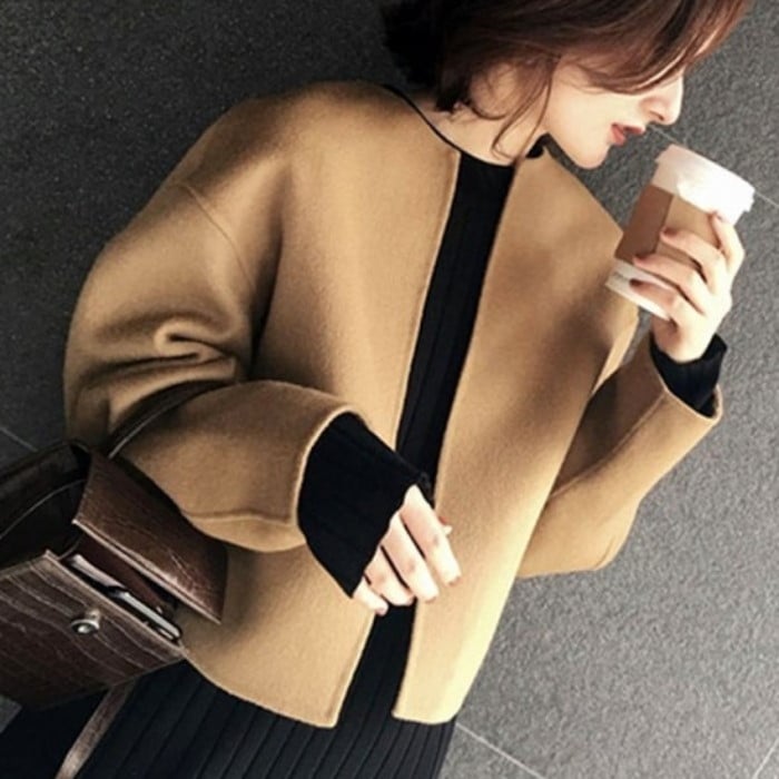 【 2020年 秋冬 2color ノーカラー シンプル ジャケット 羽織り ショート コート ドロップショルダー