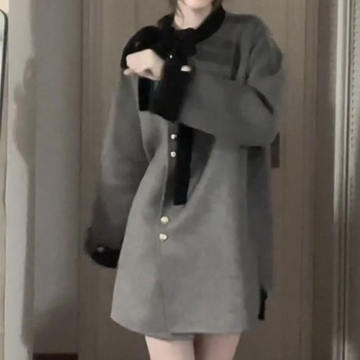 秋冬レディースフレンチ風蝶ネクタイプチコート富豪お嬢様風デザインミドルコート