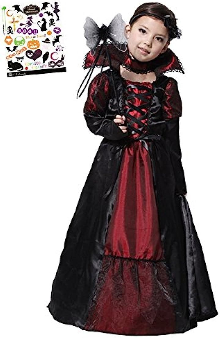 ヴァンパイア プリンセス ハロウィン ペイントシール付き 2点セット キッズコスチューム 女の子 S433 M 110cm-120cm( 黒赤, M(110cm-120cm))