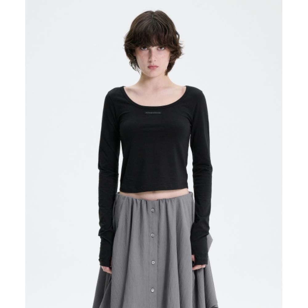 TREEMINGBIRD Scoop Neck Finger Hole Long Sleeve Black