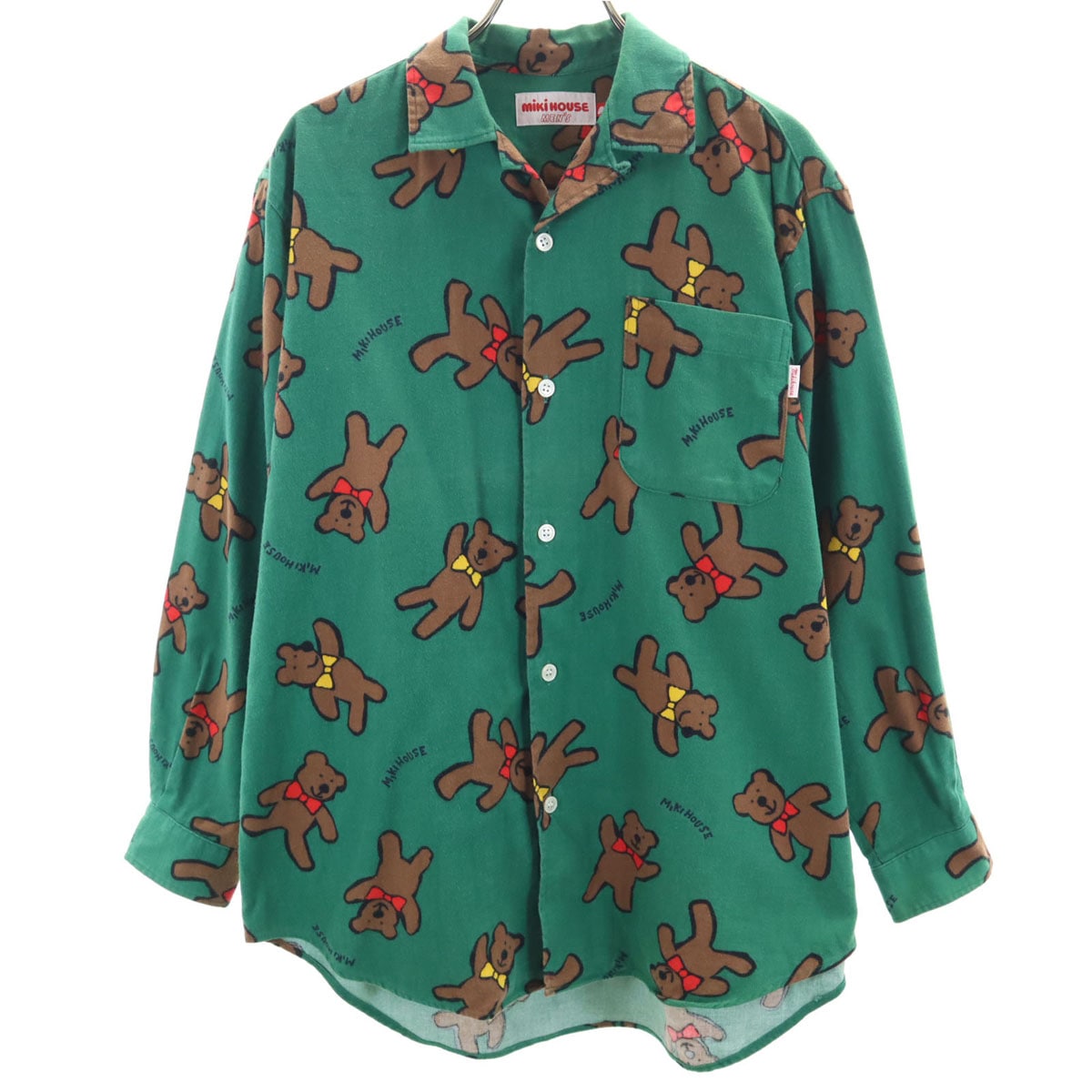 日本製 ベア柄 長袖 フランネル オープンカラーシャツ M グリーン クマ メンズ 古着
