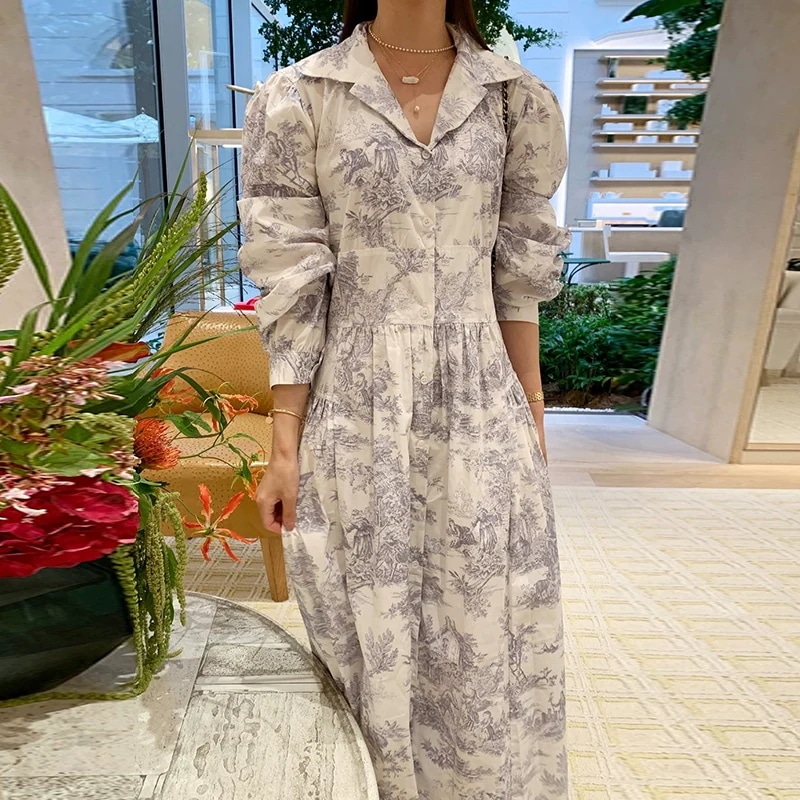 秋冬コーデ　優雅　レディースロングシャツワンピース　パフスリーブ　人気ワンピース