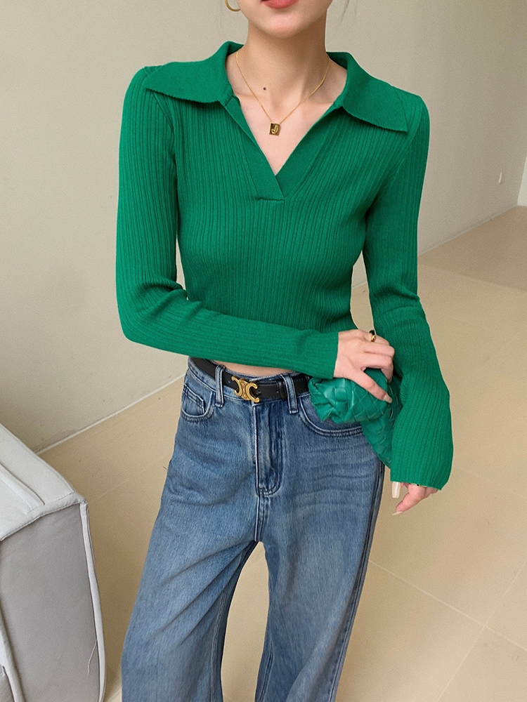 レディース ファッション 個性的なデザイン 長袖 ニット ポロシャツ 女性 スリム シャツ ショート トップ グリーン ＳＭＬXL トップス かわいい 大人可愛い きれいめ シンプル カジュアル 大人
