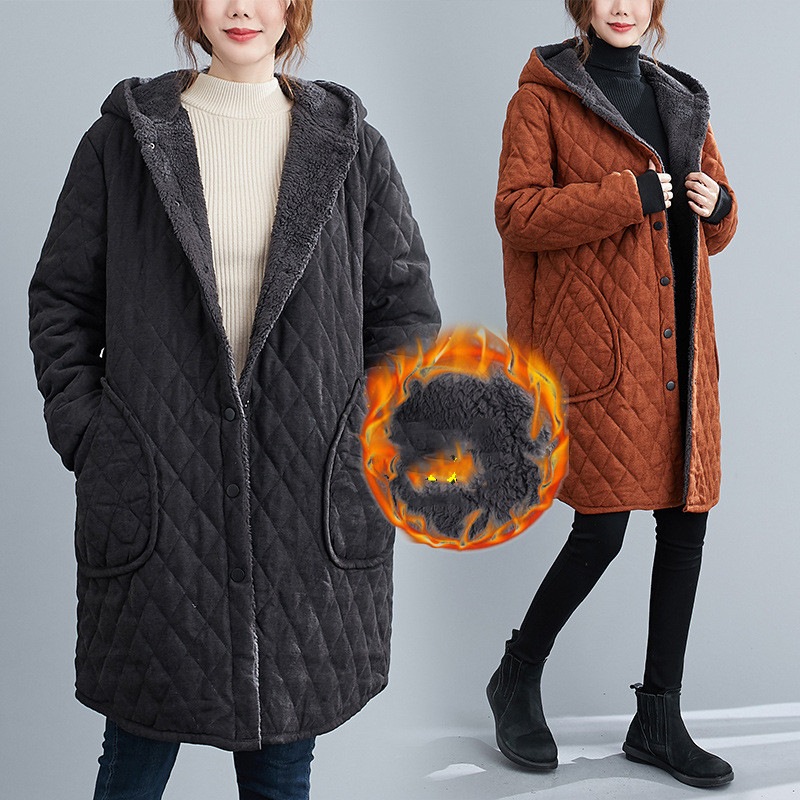 製品気質中綿コートロング裏起毛レディース前開きトップスコート長袖秋冬アウター体型カバーゆったりカジュアルカラー