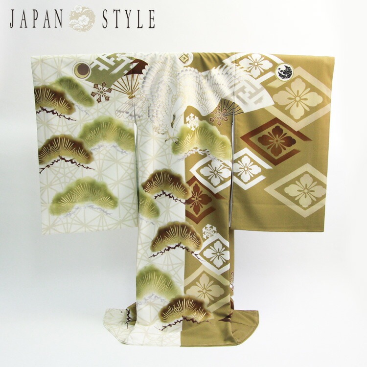 レンタルJAPAN STYLE 日本製 お宮参り 男の子 着物 レンタル オフホワイト黄緑の染め分けに鷹と兜 お宮参り レンタル 衣装 男児 祝着 初着 産着 レンタル衣装