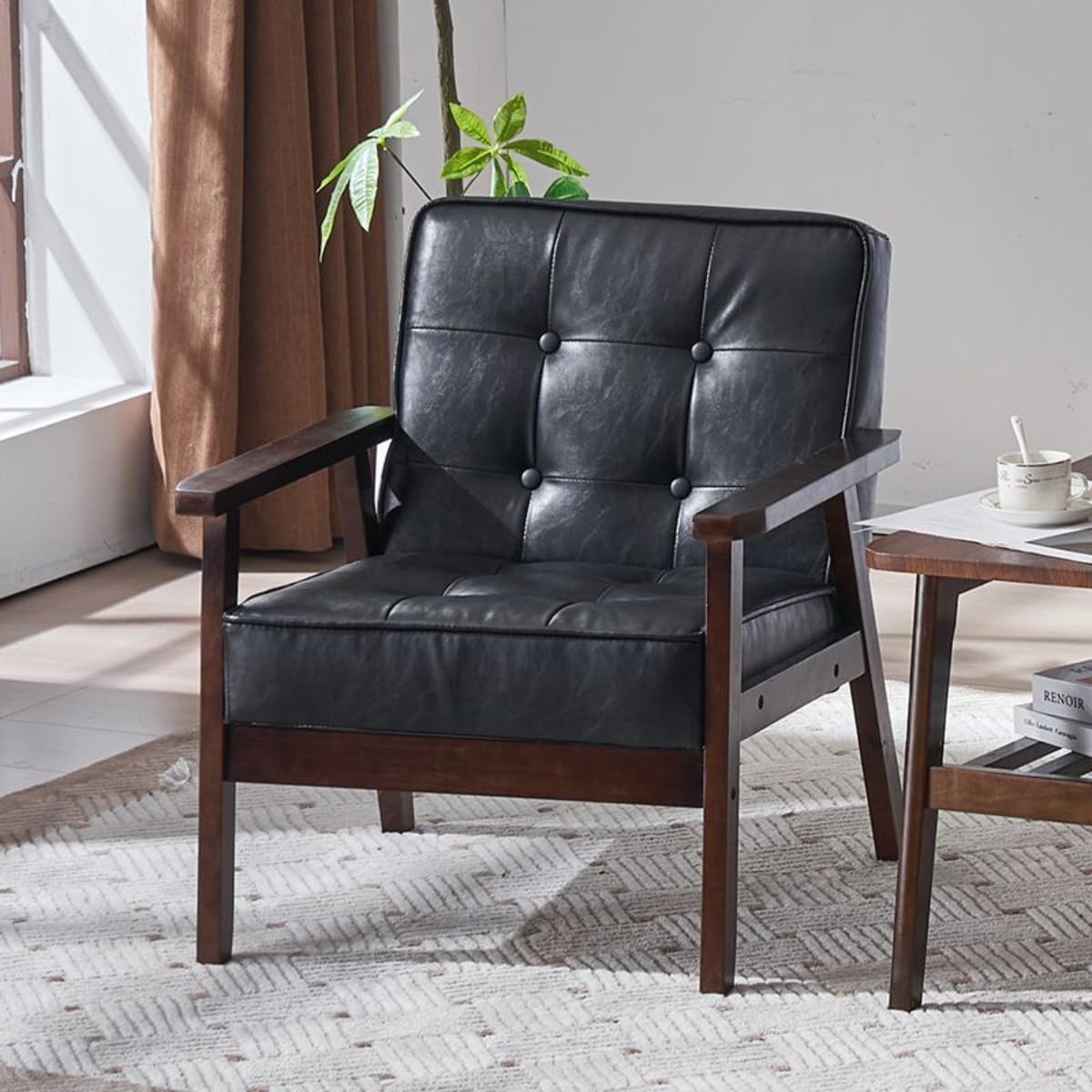 EZweekendソファシングルシッティングソファPUレザー1 Pソファアームレスト付き天然木足レトロモダン幅65 cm一人暮らしファッションシンプル (ブラックのオイルワックスレザー プラウンフレ