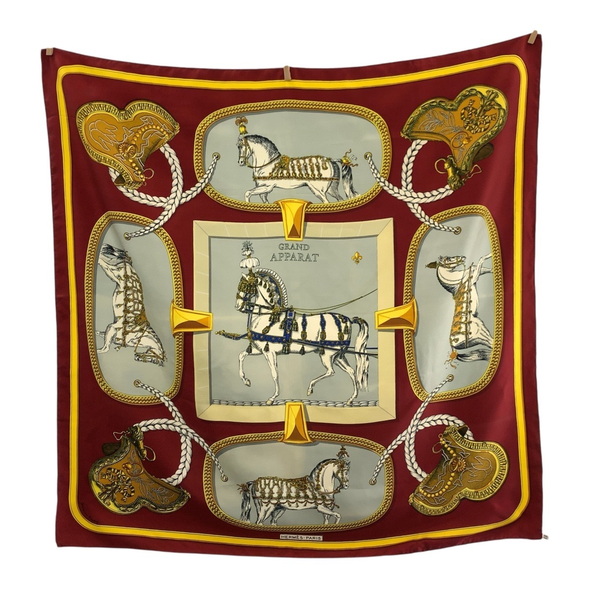 美品 GRAND APPARAT カレ90 ボルドー マルチカラー シルク スカーフ 大判スカーフ レディース 503940