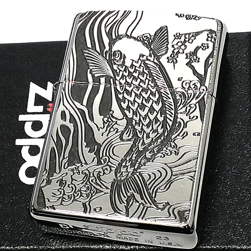 ZIPPOライター 和柄 昇鯉 グレー ジッポ 両面柄違い加工 かっこいい 細密メタル おしゃれ ギフト プレゼント メンズ